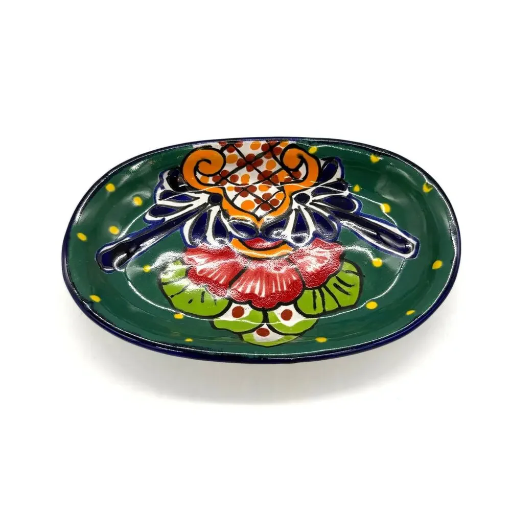Talavera Style Mexican Pottery Shallow Dipping Serving Oval Bowl 7.25 x 4.5